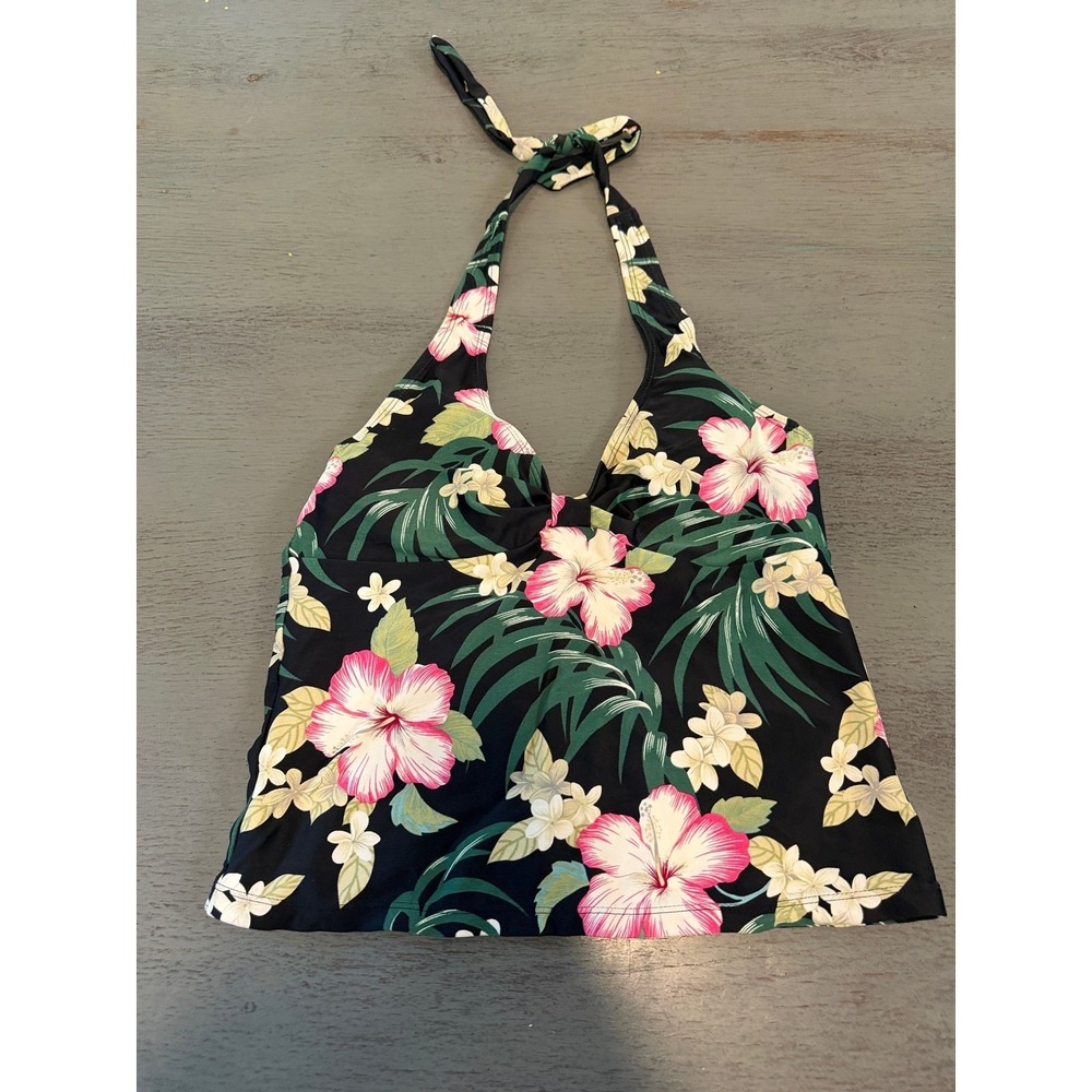 Ocean Dream Floral Halter Tankini Top Black Pink Tropical Hibiscus Size 8